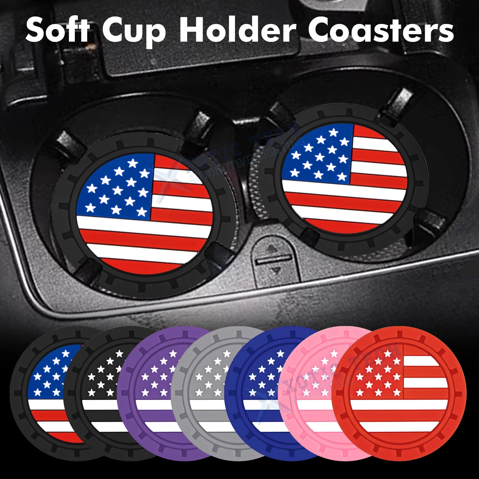 Colored American Flag Car Cup Holder Coaster Insert for 4 Packs (—)