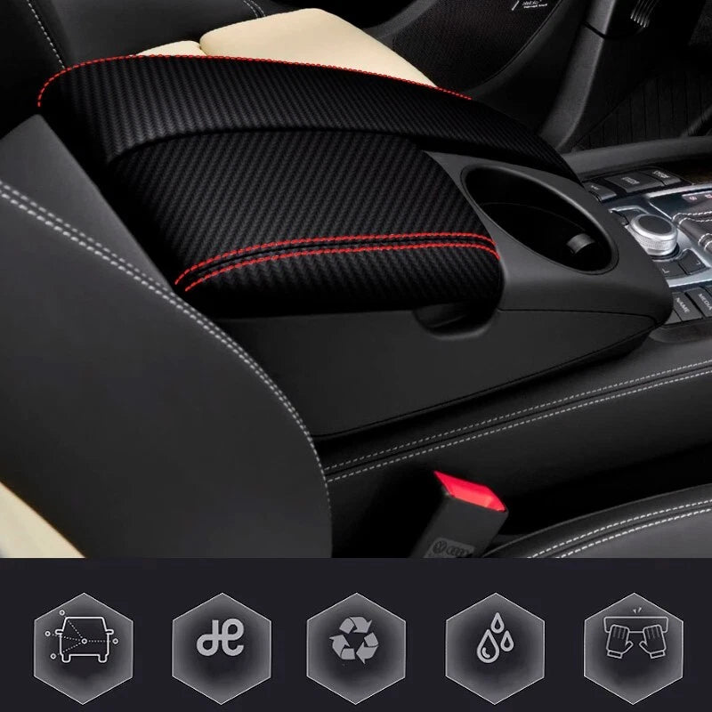 Carbon Fiber Console Lid Armrest Cover for Audi Q7 (2007–2015) Red Stitch