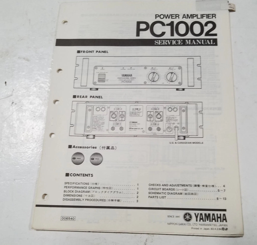 Yamaha PC1002 Power Amp Amplifier Service Manual for Yamaha PC1002