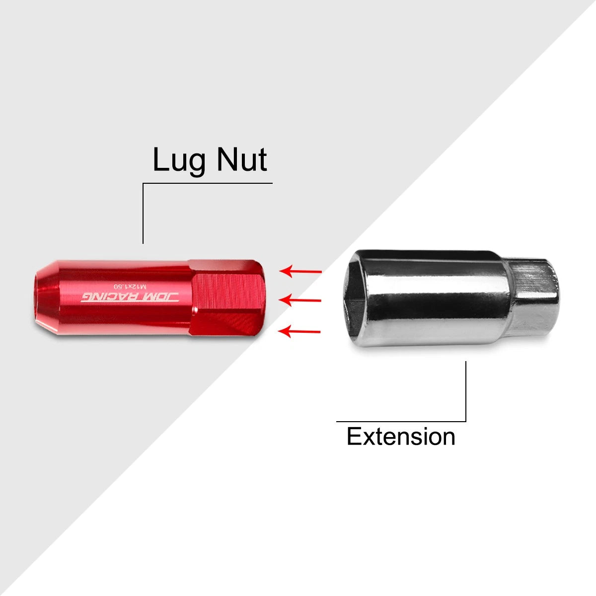 Set of 20 M12X1.5 Red JDM Open-End Acorn Hex Wheel Lug Nuts + Extension 21mmx60mm