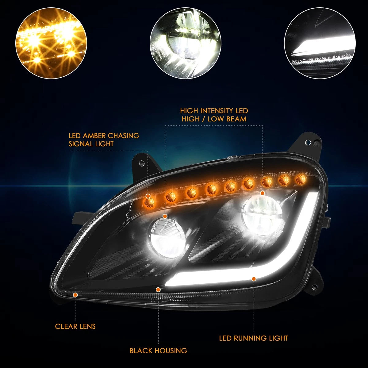 Full LED DRL + Sequential Turn Signal Headlights for Peterbilt 579 587 (2011–2021)