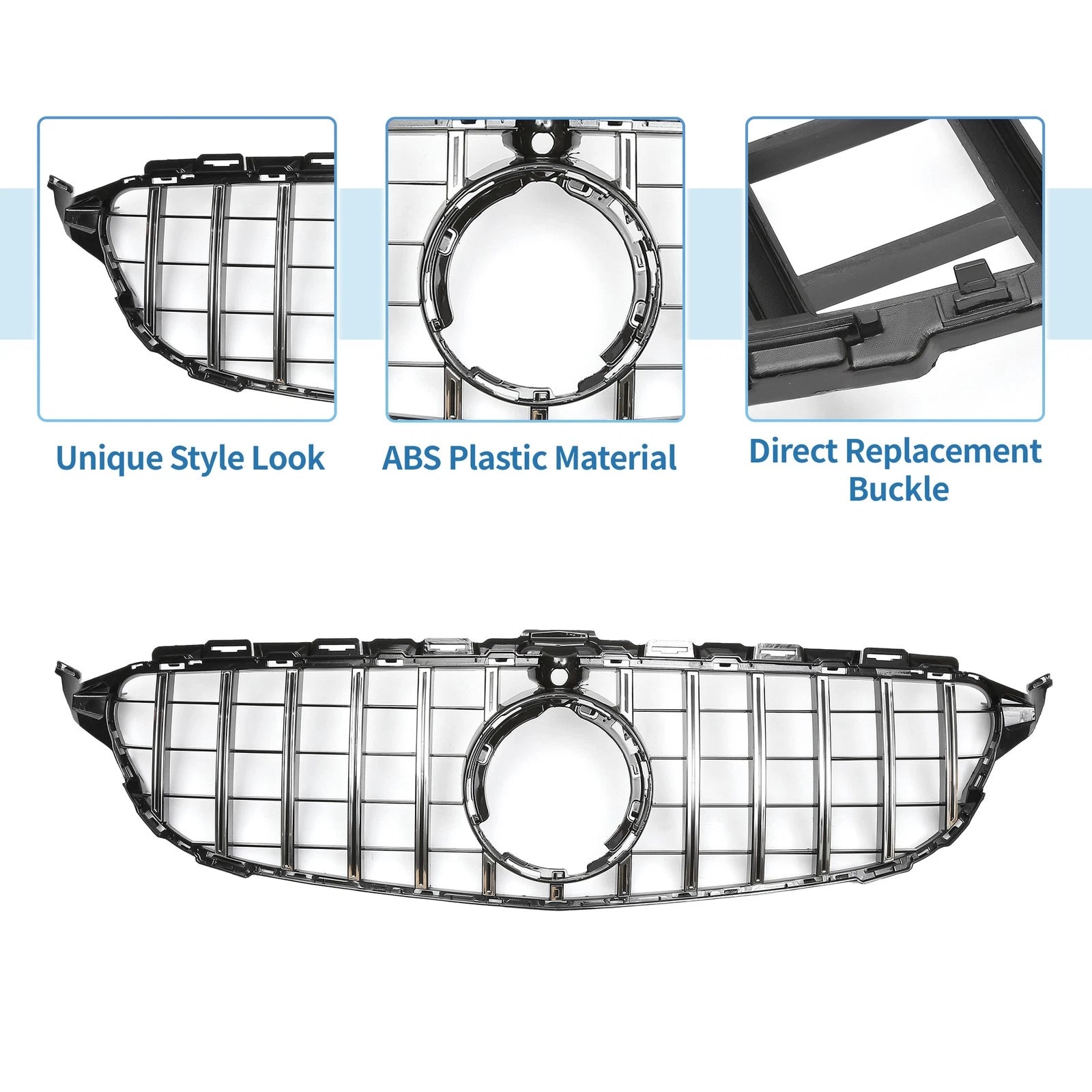 Front Upper Bumper Grille for Mercedes-Benz C180 (Chrome, Silver, Black)