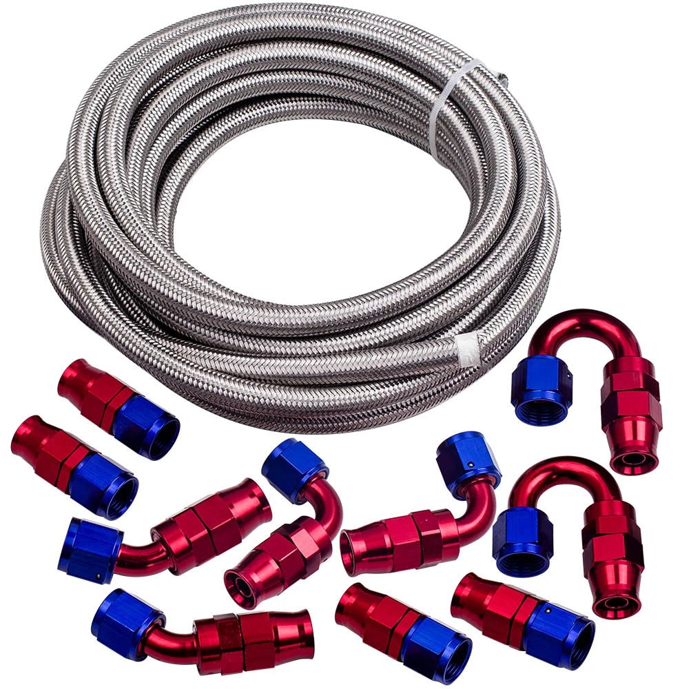 AN-8 Stainless Steel PTFE Braided Oil Fuel Line 20 Feet + AN8 Swivel Connector