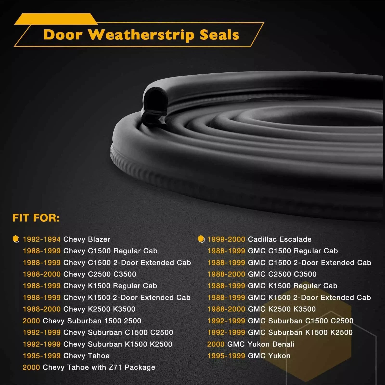 2X Rubber Door Weatherstrip Seals for Chevy GMC Suburban C/K 1500 2500 3500 (1990–1999)