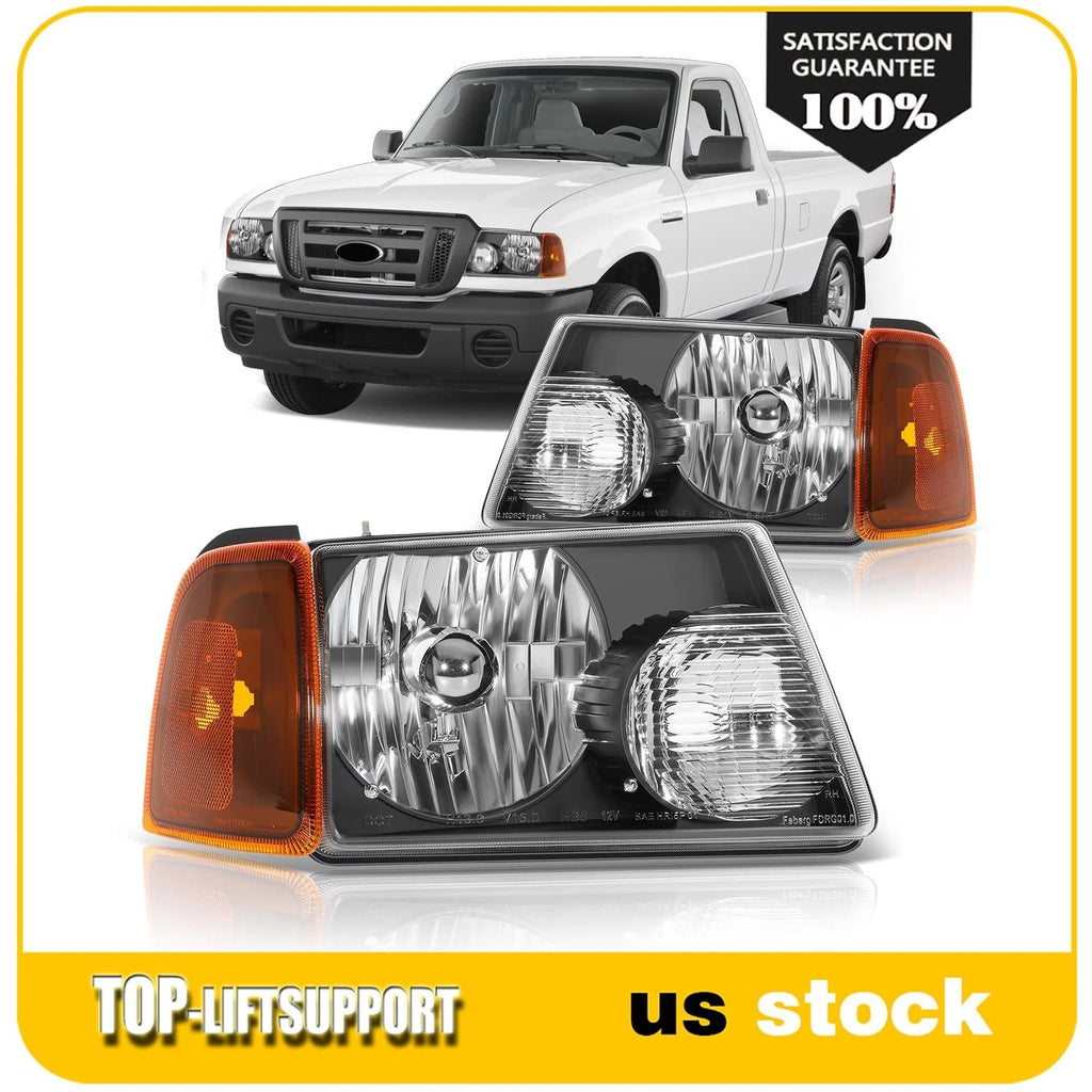 Pair Headlight Assemblies for Ford Ranger (2001–2011) Black Housing Amber