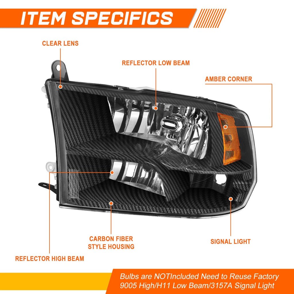 Carbon Fiber Pattern Headlights for Dodge Ram 1500 2500 3500 (2009–2012)