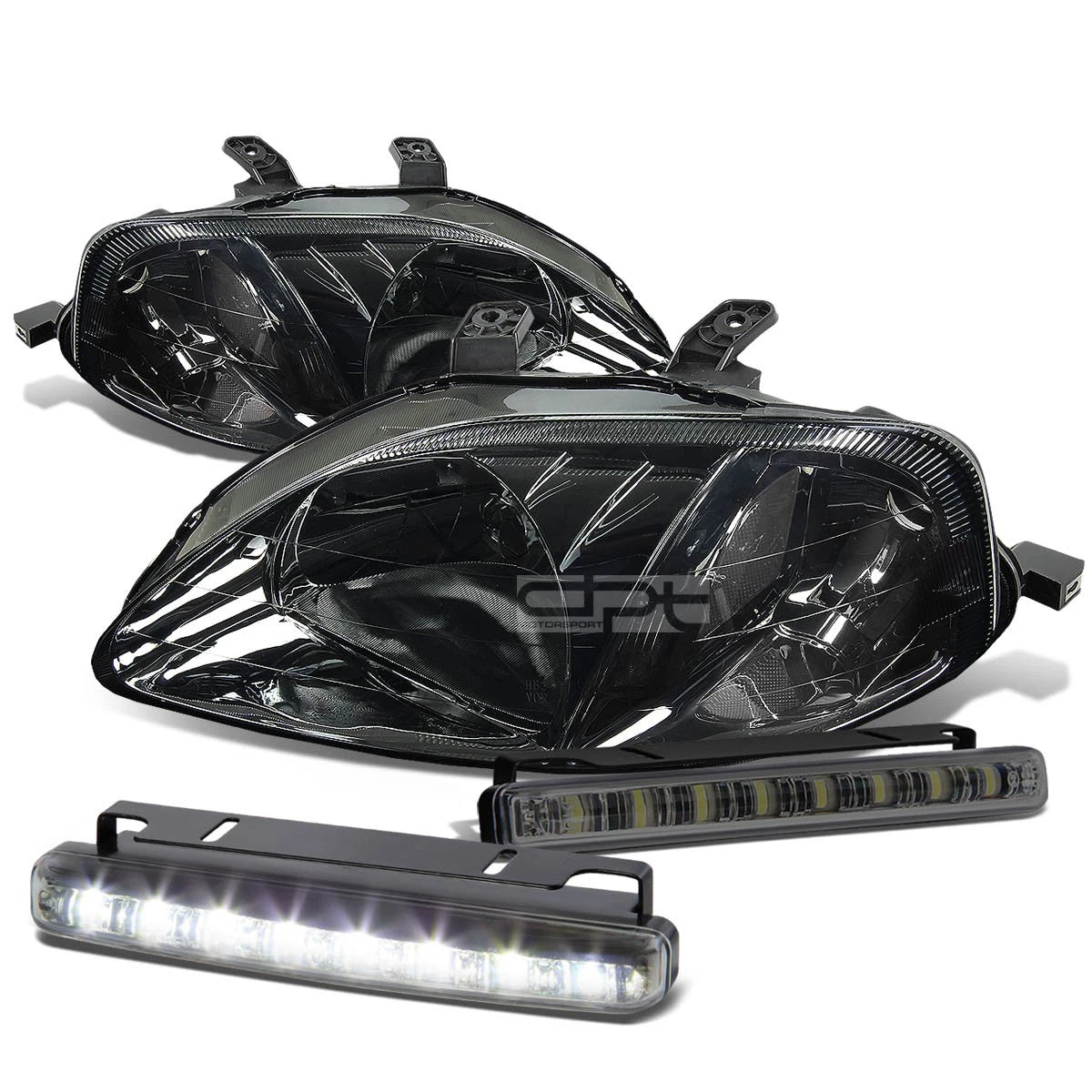 Smoked Housing Headlights + Clear Corners + LED Fog Light Kit for Honda Civic (1999–2000)