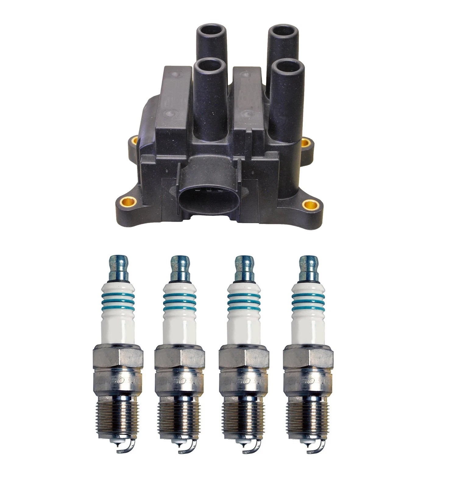Denso Ignition Coil & 4 Iridium Power Spark Plugs for Ford Mazda 2.3 (2000–2009)