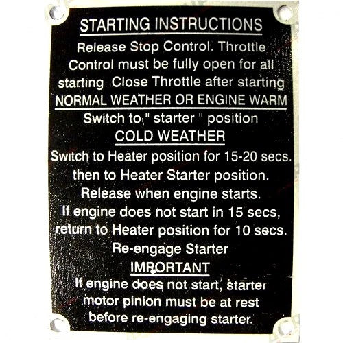 Starting Instruction Plate for Massey Ferguson 135 (1964–Present)