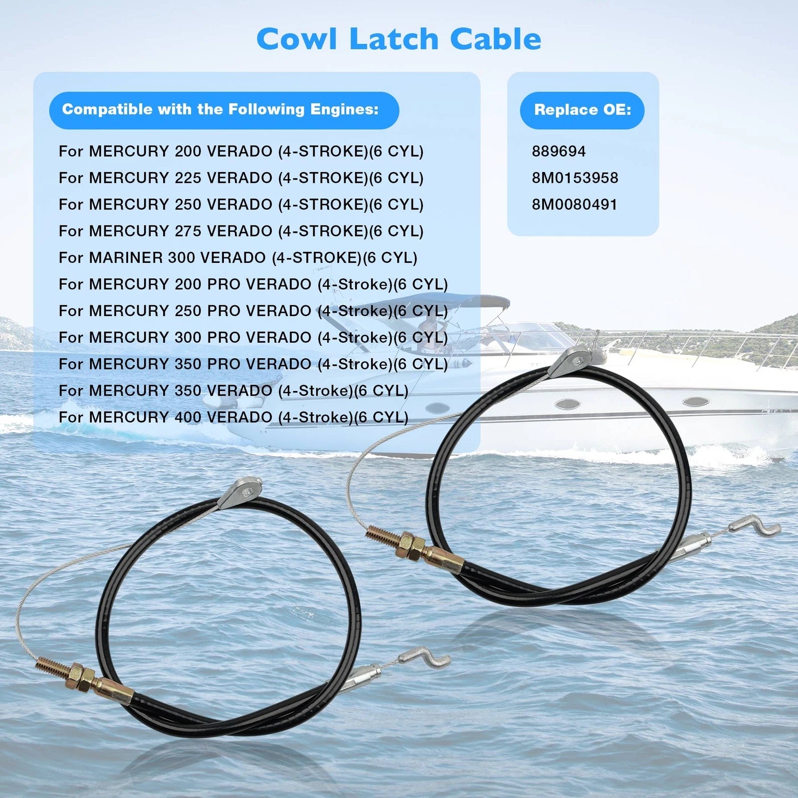 2X Lower Cowl Latch Cable for Mercury Verado 220 225 200 275 350 400 (2001–2023)
