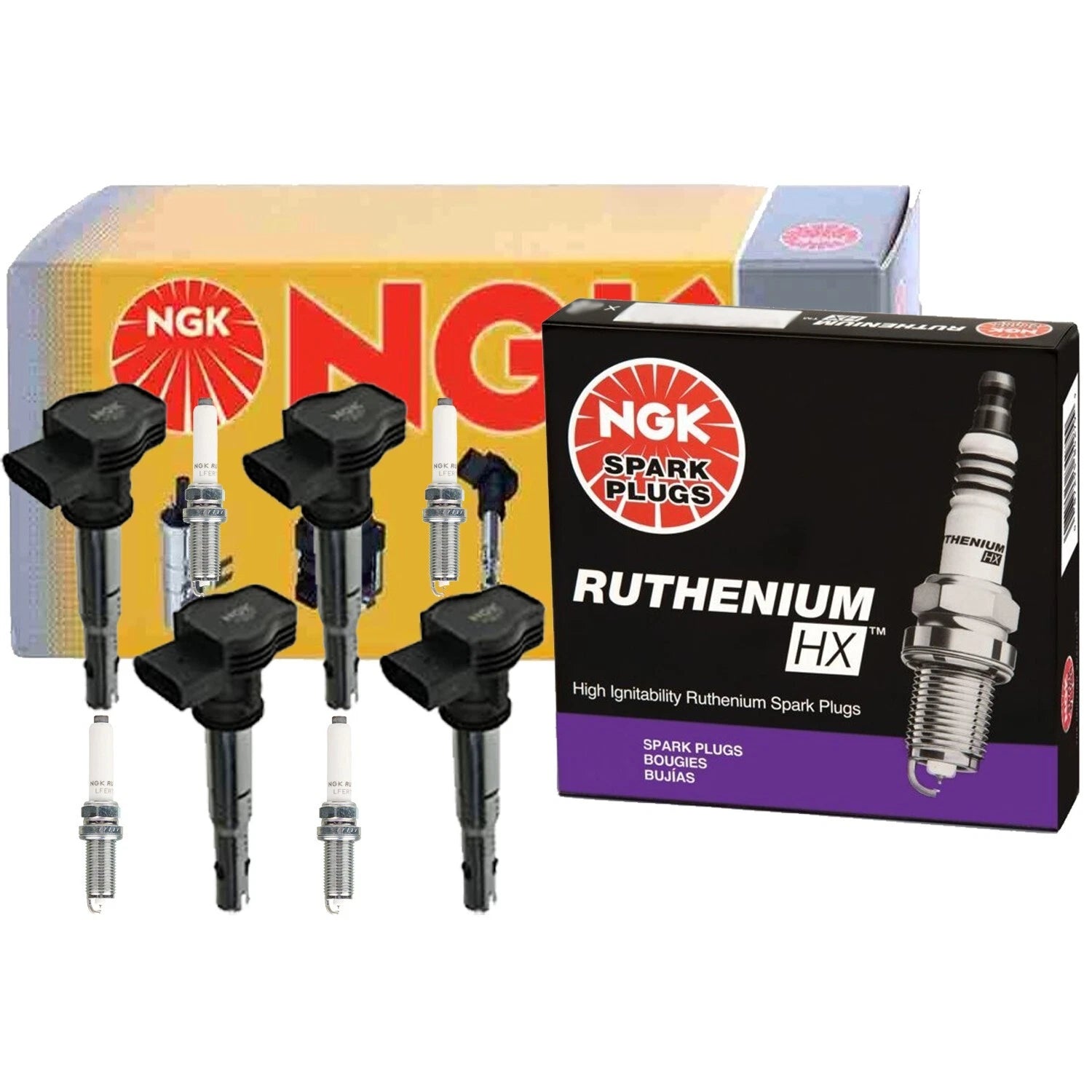 NGK COP Ignition Coils & 4 Ruthenium HX Spark Plugs for Audi allroad (2013–2016)
