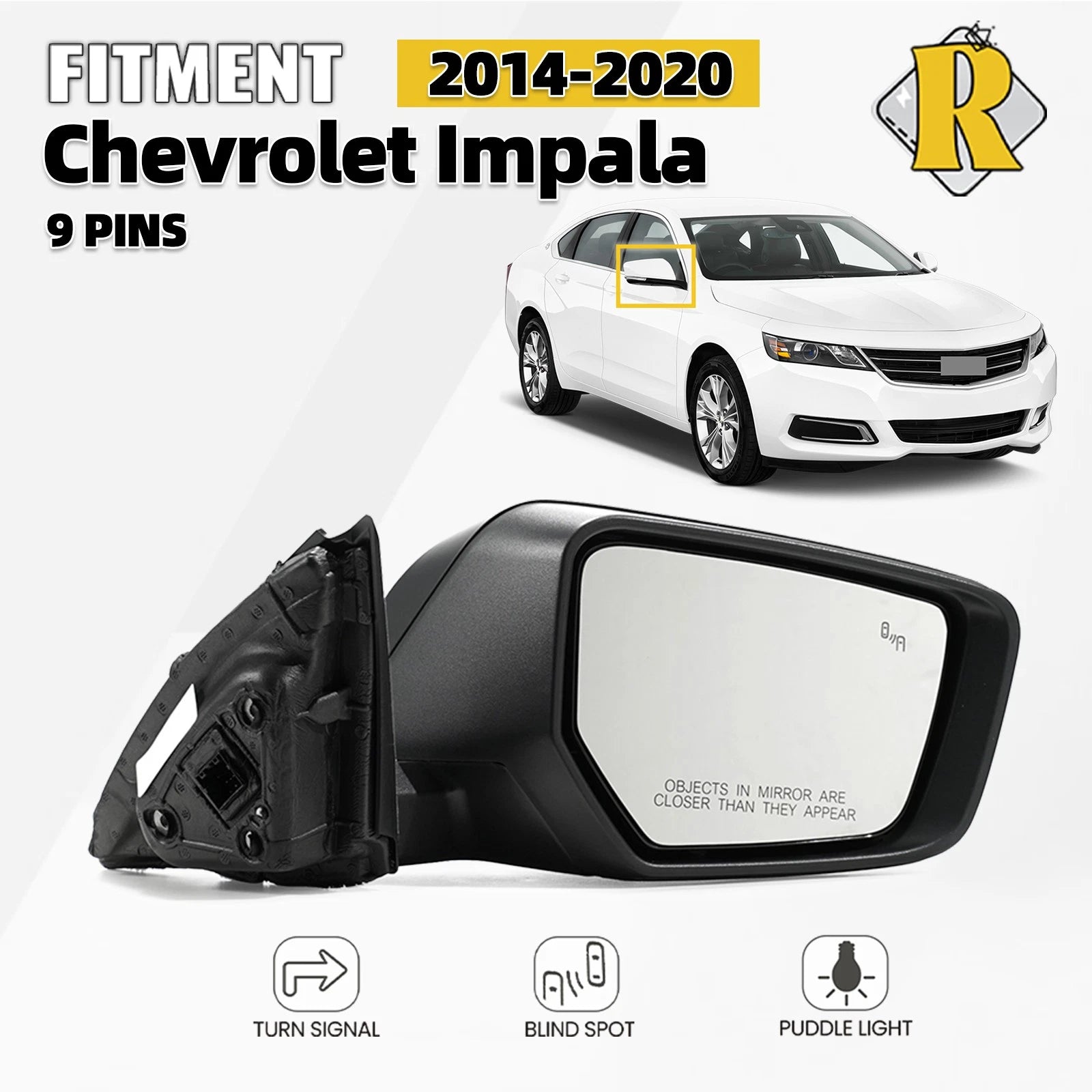 Right Side Mirror for Chevy Impala (2014–2020) with BSD, Turn Signal, Black, 9 Pins