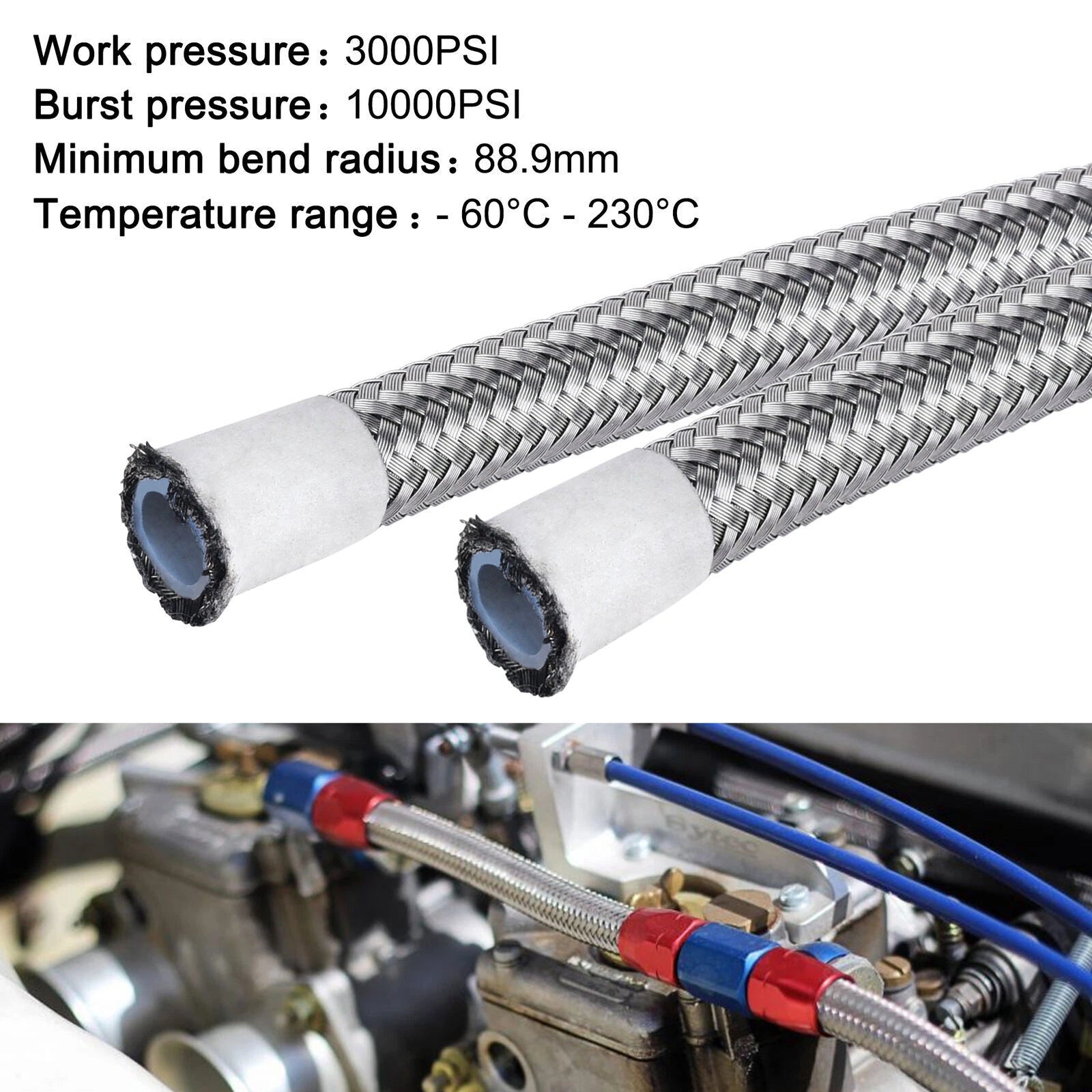 AN6 PTFE 3/8" Hose Line Kit for 10FT Stainless Steel Braided Oil Fuel