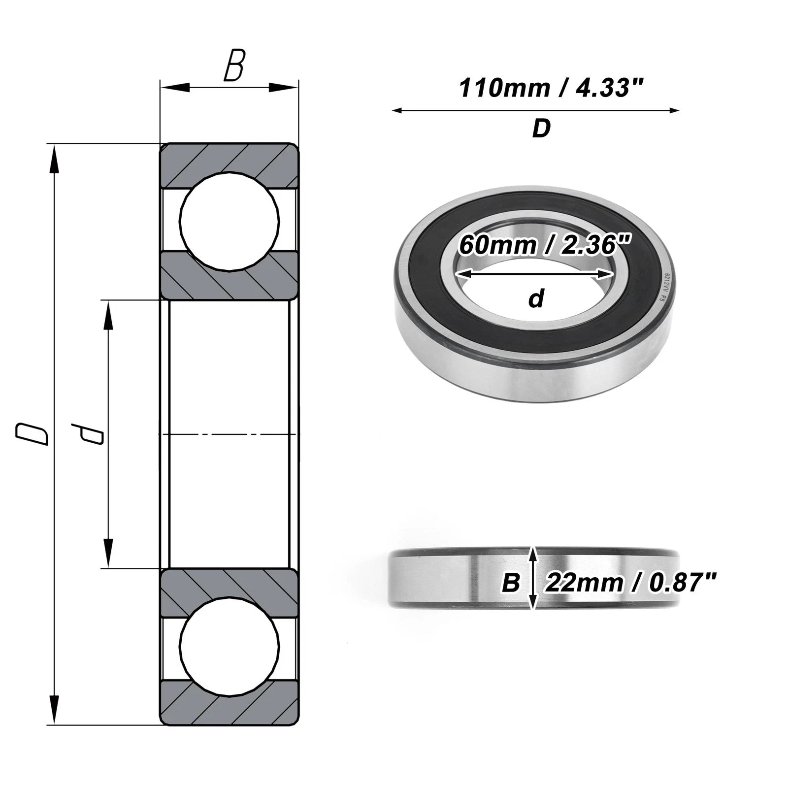 Deep Groove Ball Bearing 60x110x22mm for Scooter Skateboard (1 Pc)