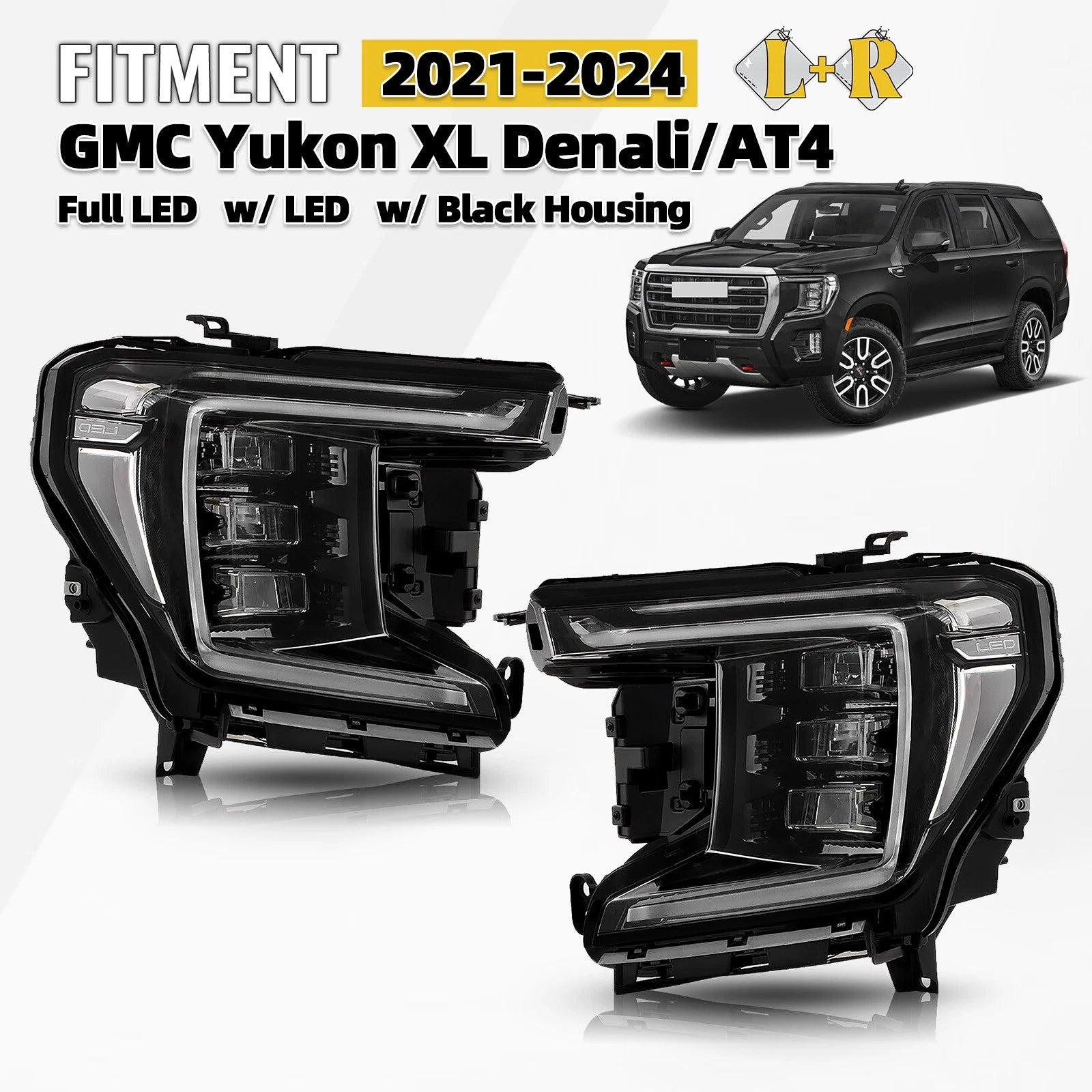 Full LED Black Headlight Set for GMC Yukon XL Denali/AT4 (2021–2024)