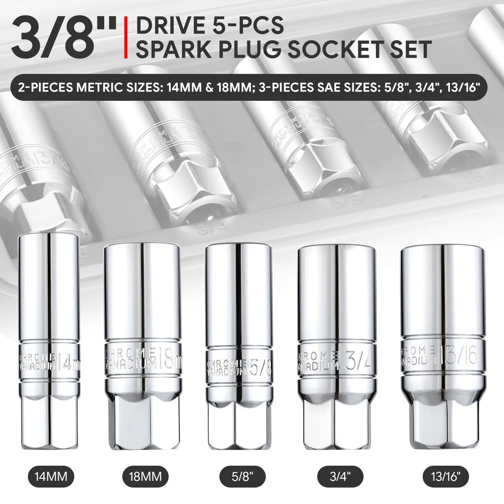 5 Pcs 3/8" 6-Point Spark Plug Impact Socket Set for Automotive