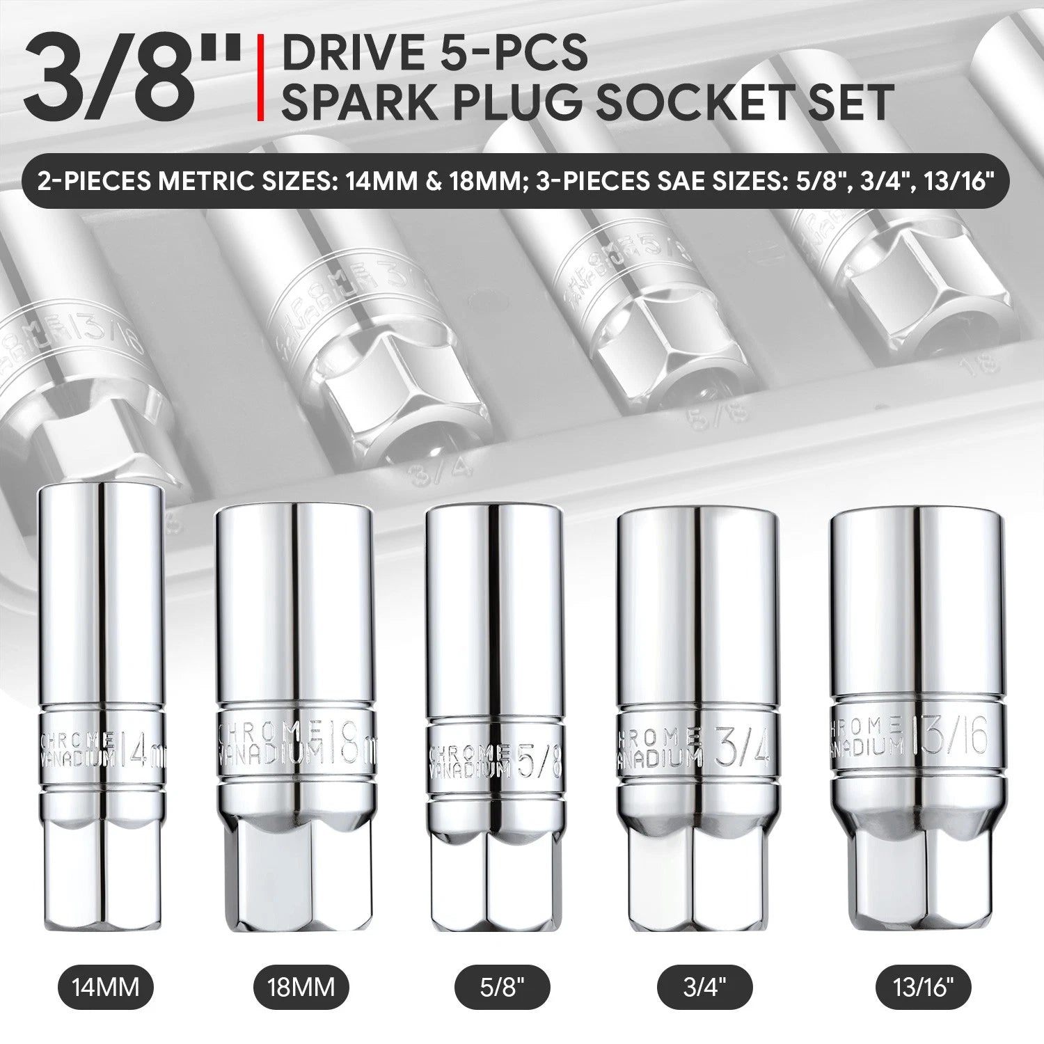 5 Pcs 3/8" 6-Point Spark Plug Impact Socket Set for Automotive