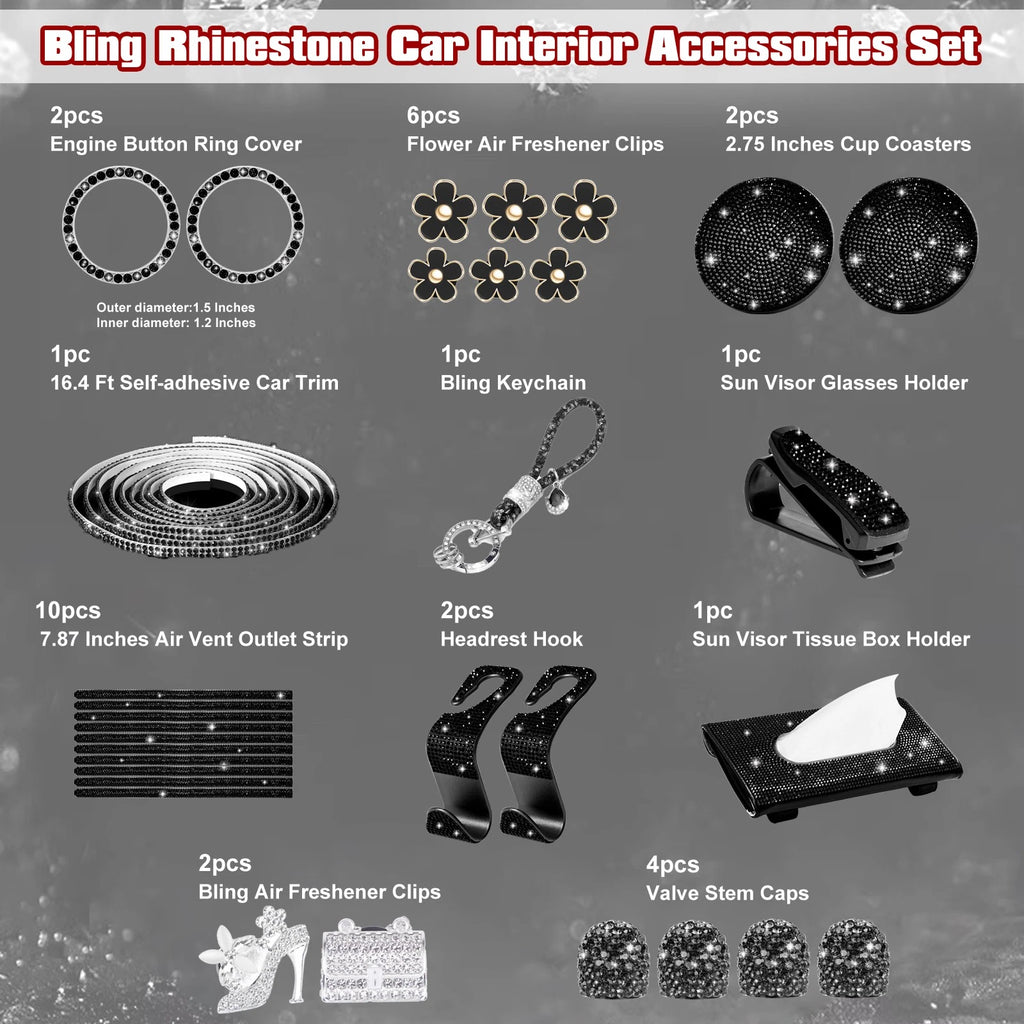 Shiny Black Diamond Car Air Vent Outlet Headrest Hook Bling Interior Decor Kit for Universal (2000-2025)
