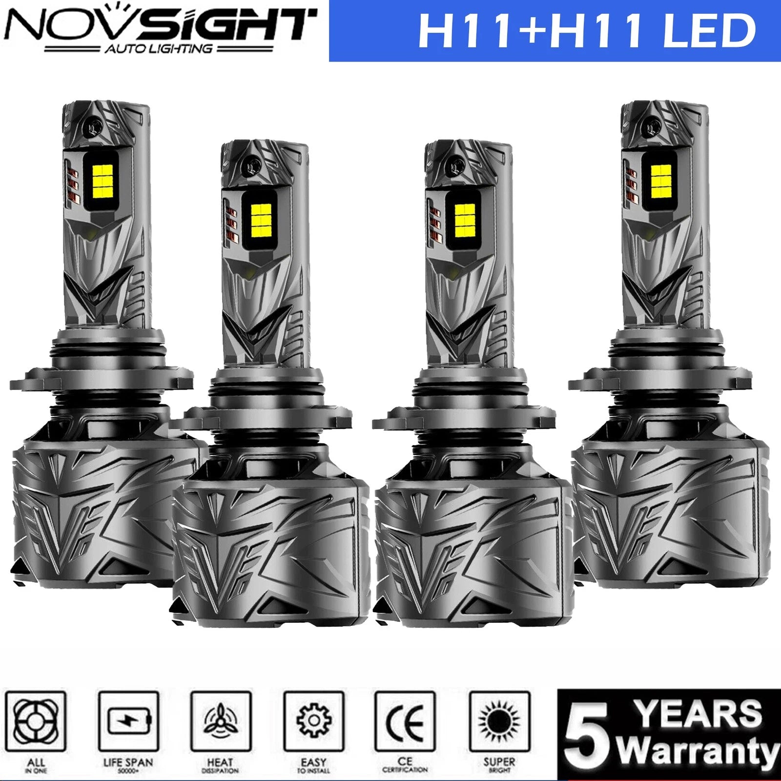 Set of 4 H11 LED Headlight Bulbs Combo 6500K High Low Beam
