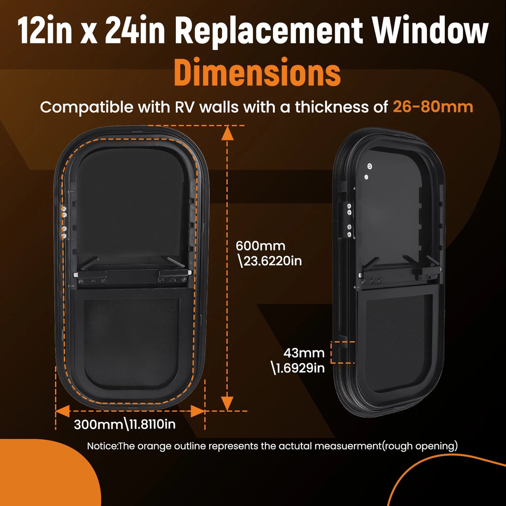 12" x 24" Vertical RV Window for RV/Camper/Trailer/Food Truck