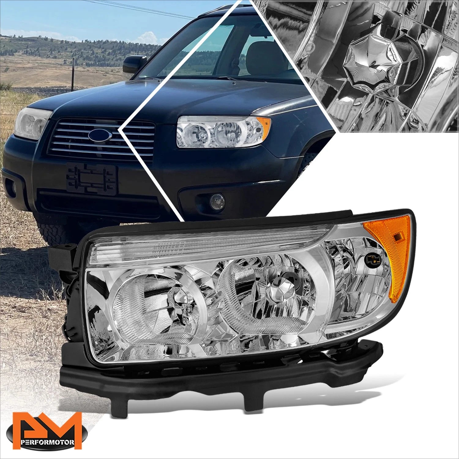 OE Style Headlight Lamp for Subaru Forester (2006–2008) - Driver Left Side, Chrome/Amber