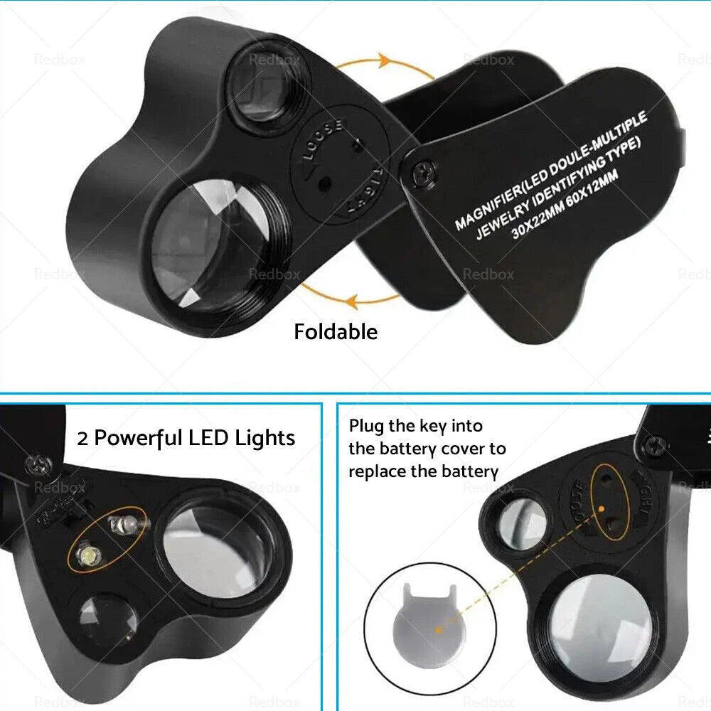 60X 30X LED Pocket Jewellers Eye Loupe Magnifier for Jewelry