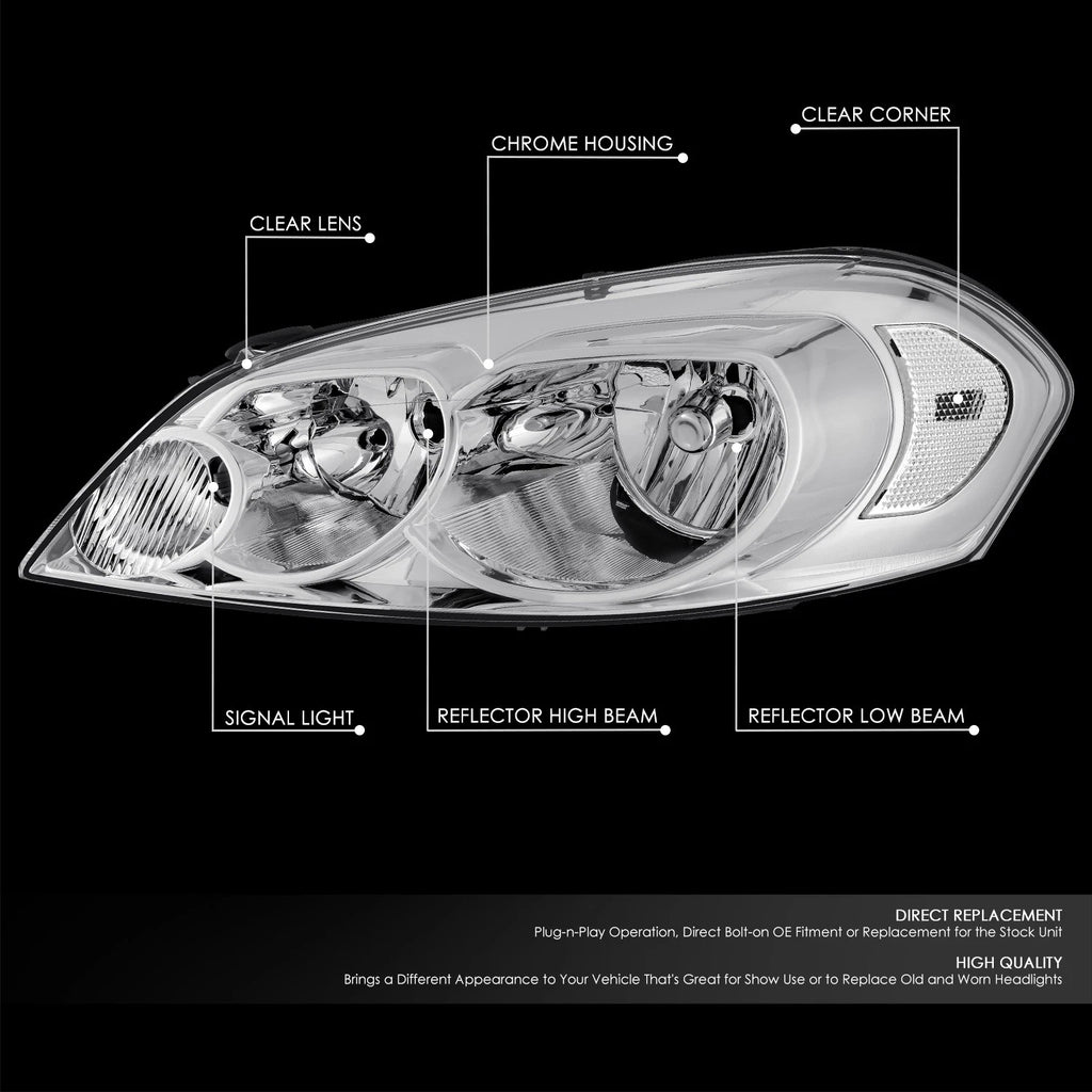 Chrome/Clear Reflector Halogen Headlights for Chevrolet Impala Monte Carlo (2006–2016)