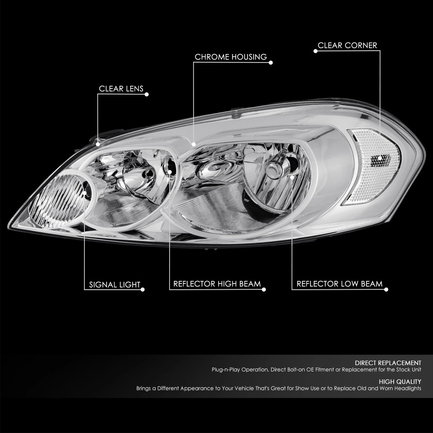 Chrome/Clear Reflector Halogen Headlights for Chevrolet Impala Monte Carlo (2006–2016)