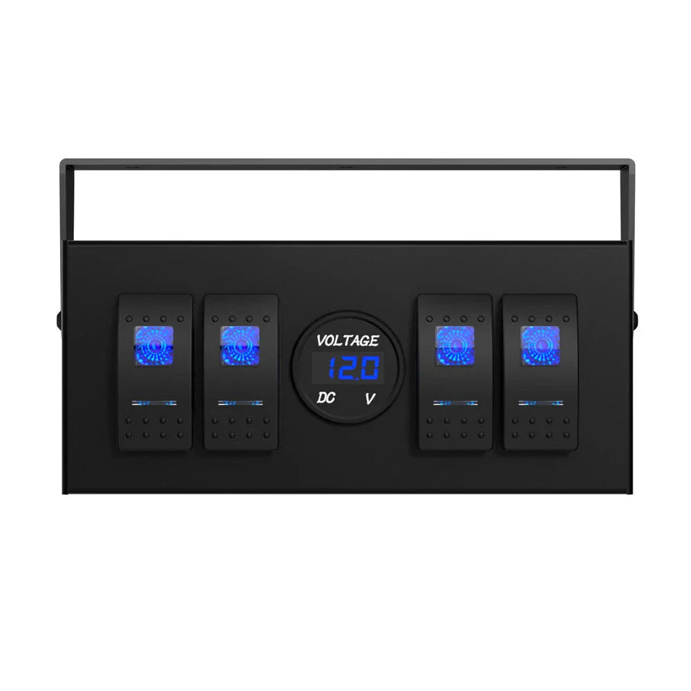 4 Gang Rocker Switch Box 12V/24V ON Off w/ Voltmeter for Boat Car RV SUV