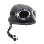 Black Leather Half Face Helmet for Motorcycle (DOT Approved, XL)