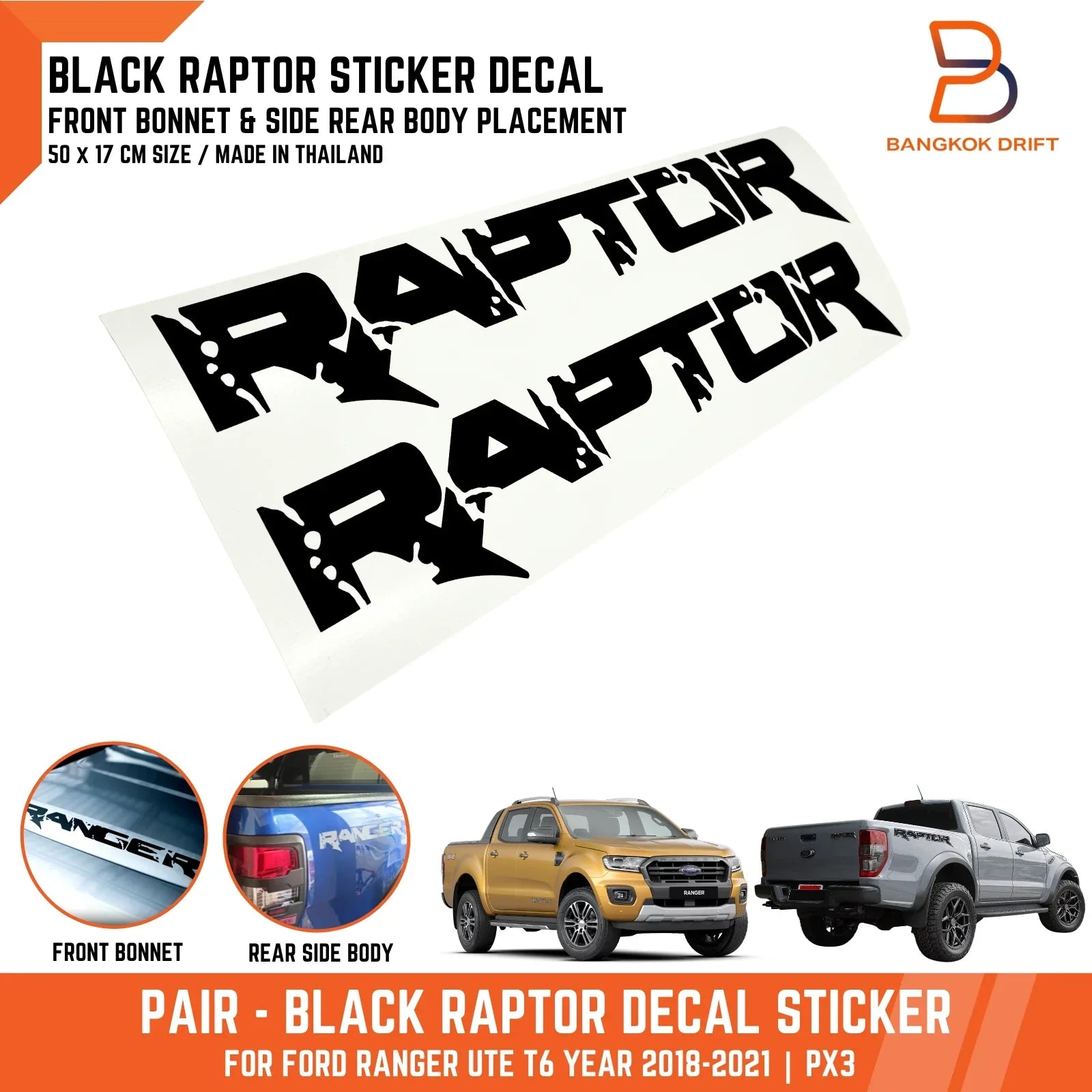 Black Raptor Bonnet Side Decal Sticker for Ford Ranger Ute (2018-2021)