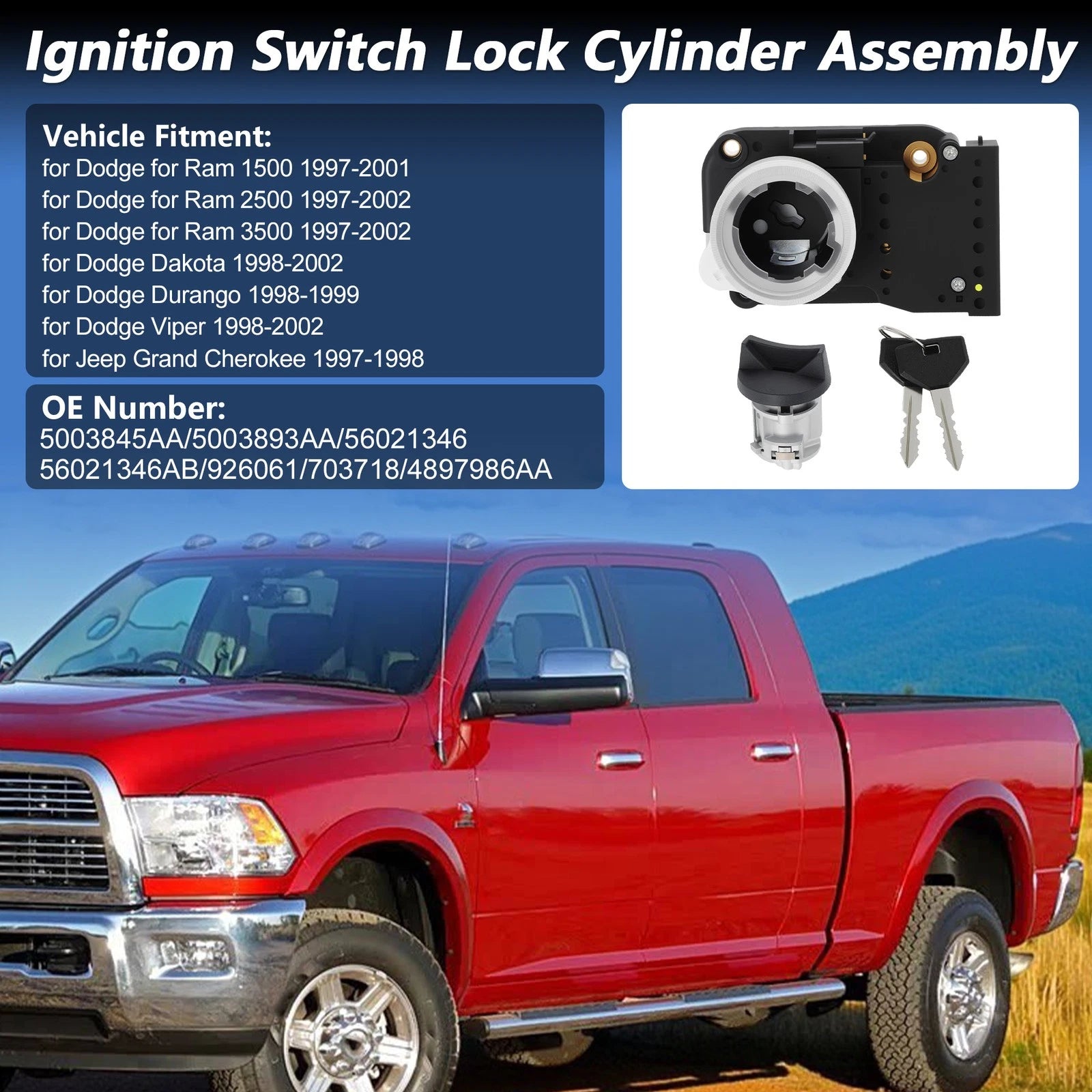 Ignition Lock Switch Assembly for Dodge Ram 1500 2500 3500 (1997–2020) 5003845AA
