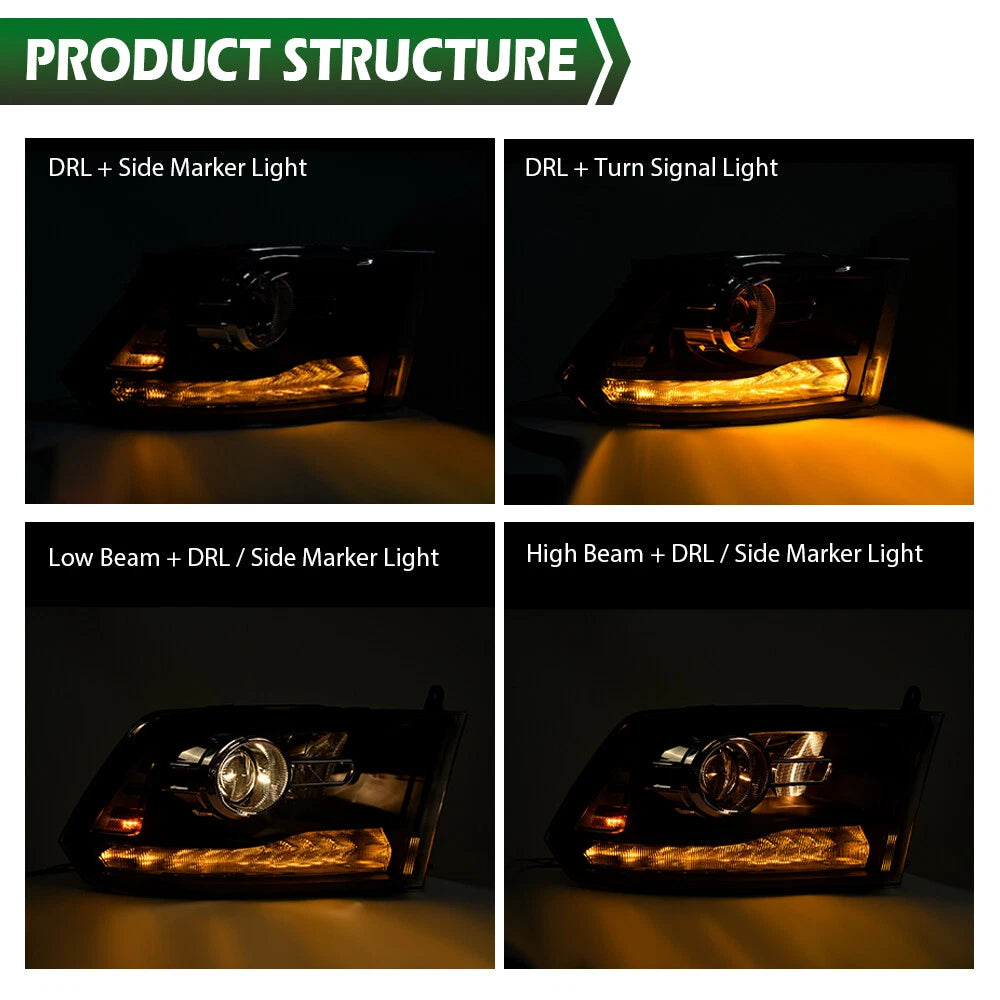 Clear Black Projector Headlights with LED DRL for Ram 1500 2500 3500 (2009–2018)