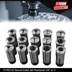 15 Pcs Round Collet Set for Lathe (1/8" to 1")