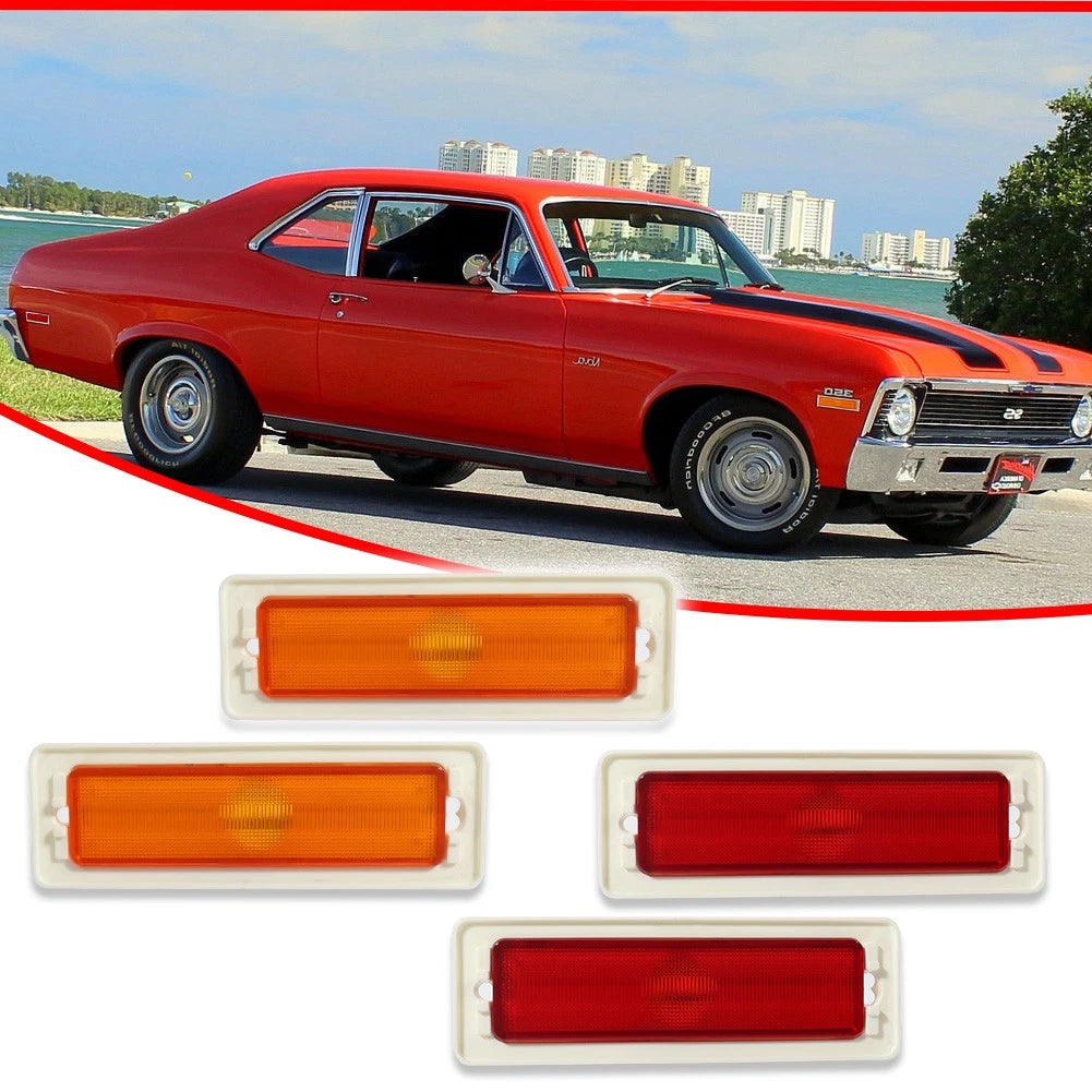 Set of 4 Amber Front & Red Rear Bumper Side Marker Lights for Chevy Nova (1970–1974)