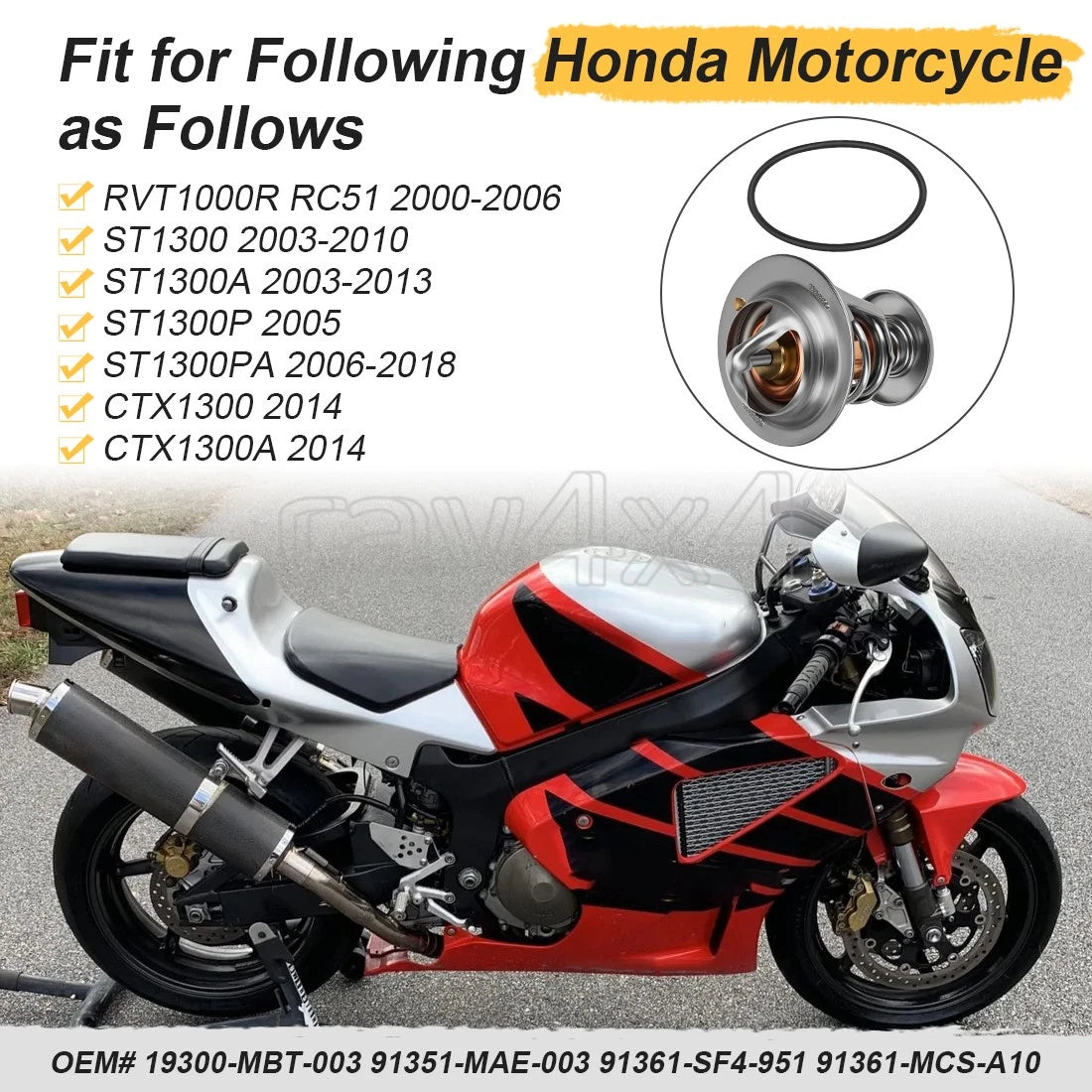 Thermostat w/ O-Ring for Honda RVT1000R (2000–2006), ST1300 (2003–2010), CTX1300 (2014)