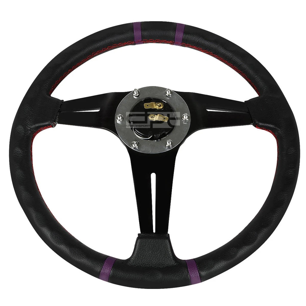 6-Bolt Deep Dish Steering Wheel for Universal Fit (Black Spoke, Purple Stripe)