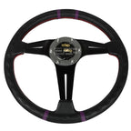 6-Bolt Deep Dish Steering Wheel for Universal Fit (Black Spoke, Purple Stripe)