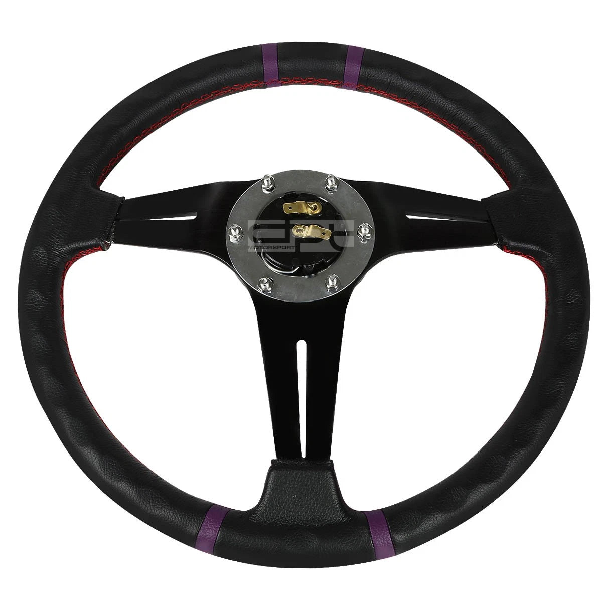 6-Bolt Deep Dish Steering Wheel for Universal Fit (Black Spoke, Purple Stripe)