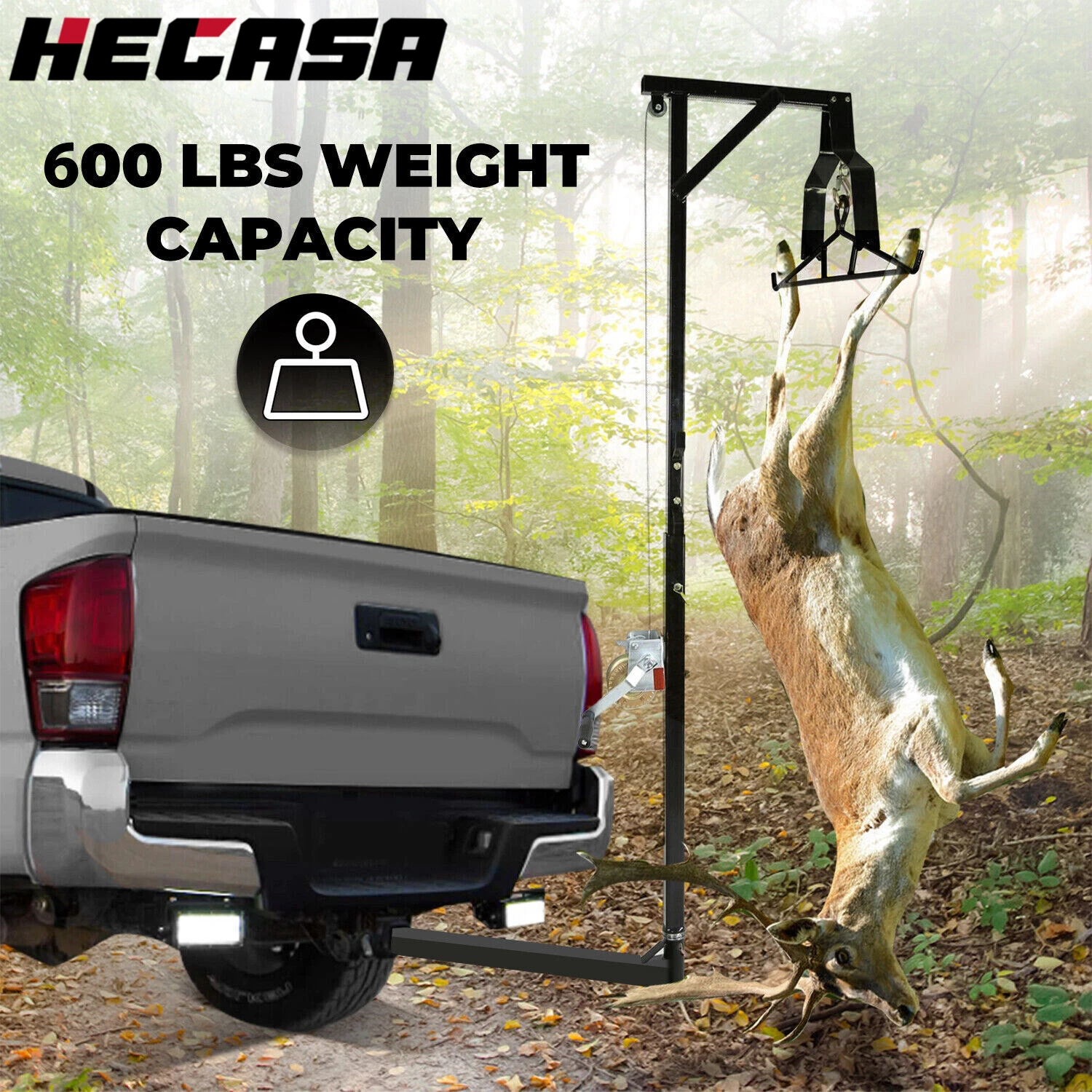 Hitch Mounted Deer Hoist for HECASA (600lb Winch, Swivel, Gambrel)