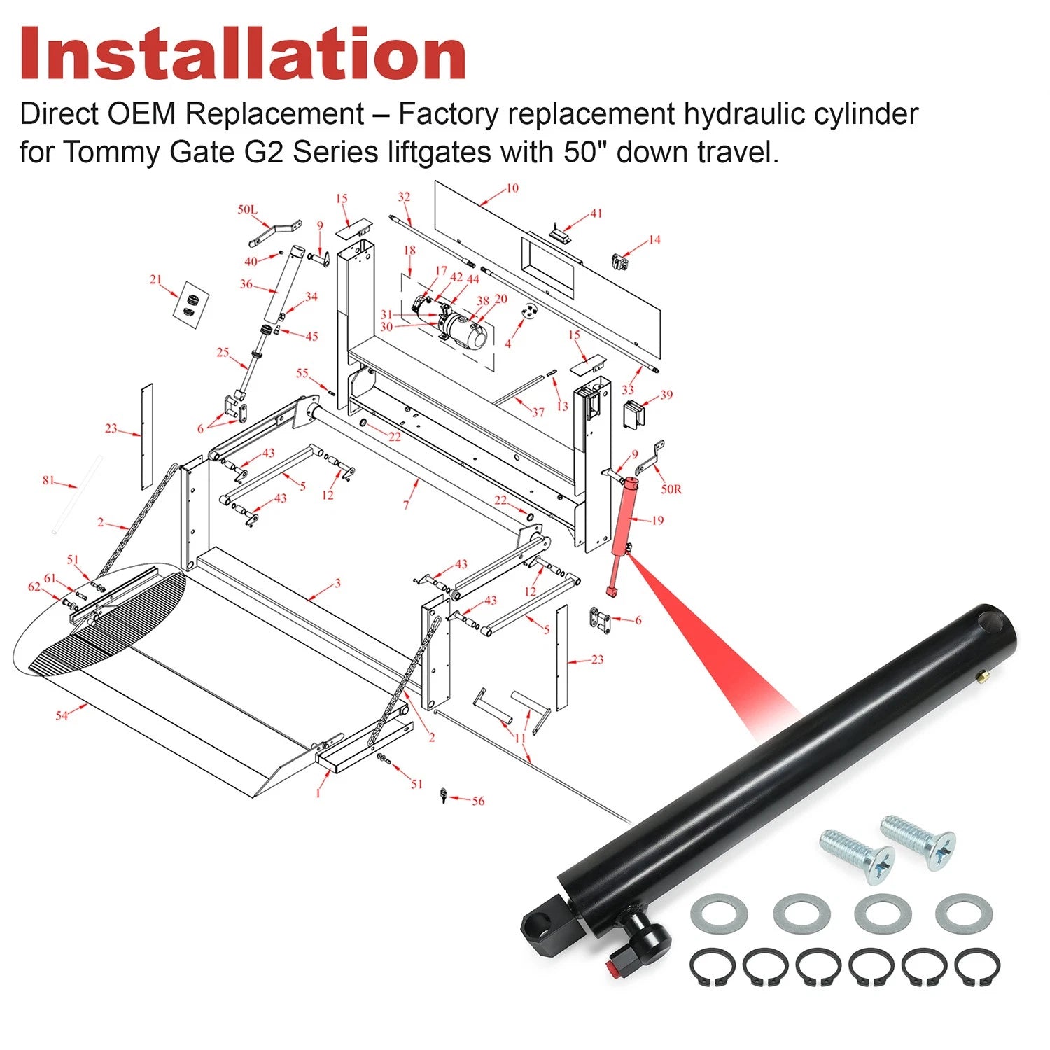 Hydraulic Cylinder 002559 for Tommy Gate G2 Model 1650 & 2050 (Replacement)