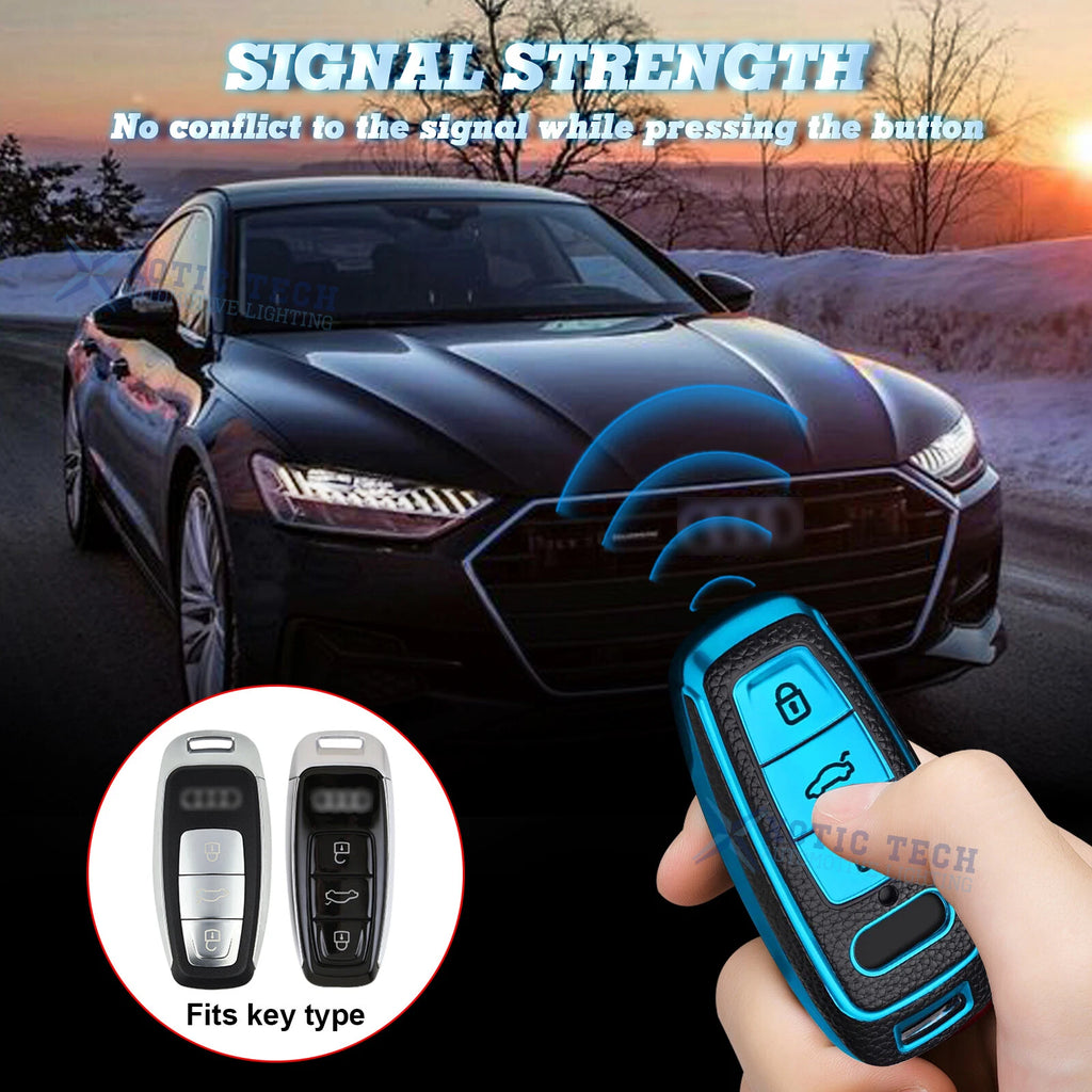 2x Silver+Blue TPU Full Protect Key Cover for Audi A3 A6 A7 A8 e-Tron S7 S8 (2017-2024)