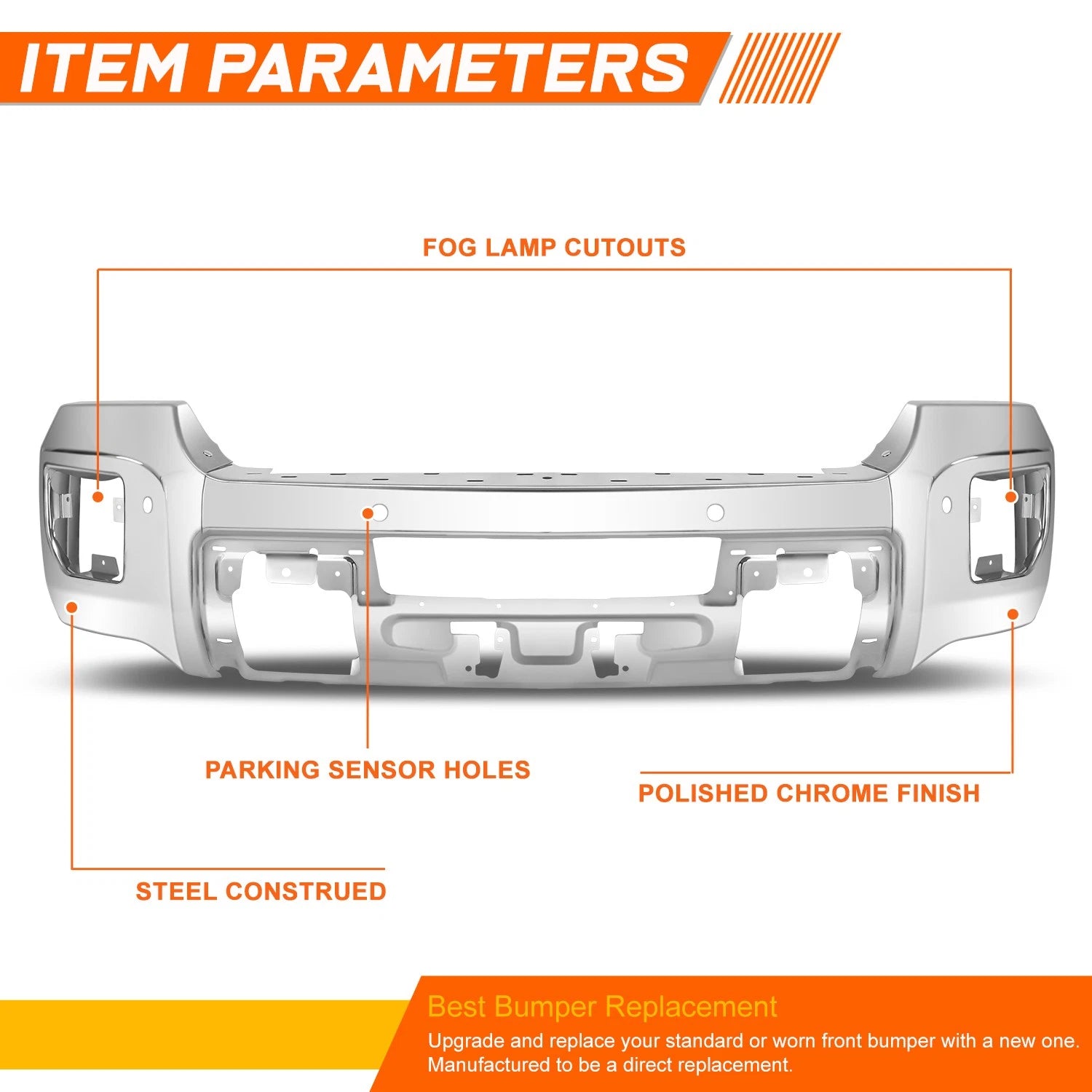 Front Bumper Face Bar for GMC Sierra 2500 3500 HD (2015–2019) w/ Sensor Holes Chrome