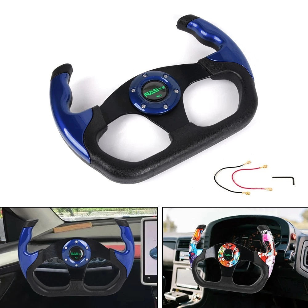 Universal Blue U Shape Flat Dish Steering Wheel 6 Holes + Horn Button