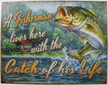 Fisherman Lives Here Tin Metal Sign Bass Fish Lure Rod 2235