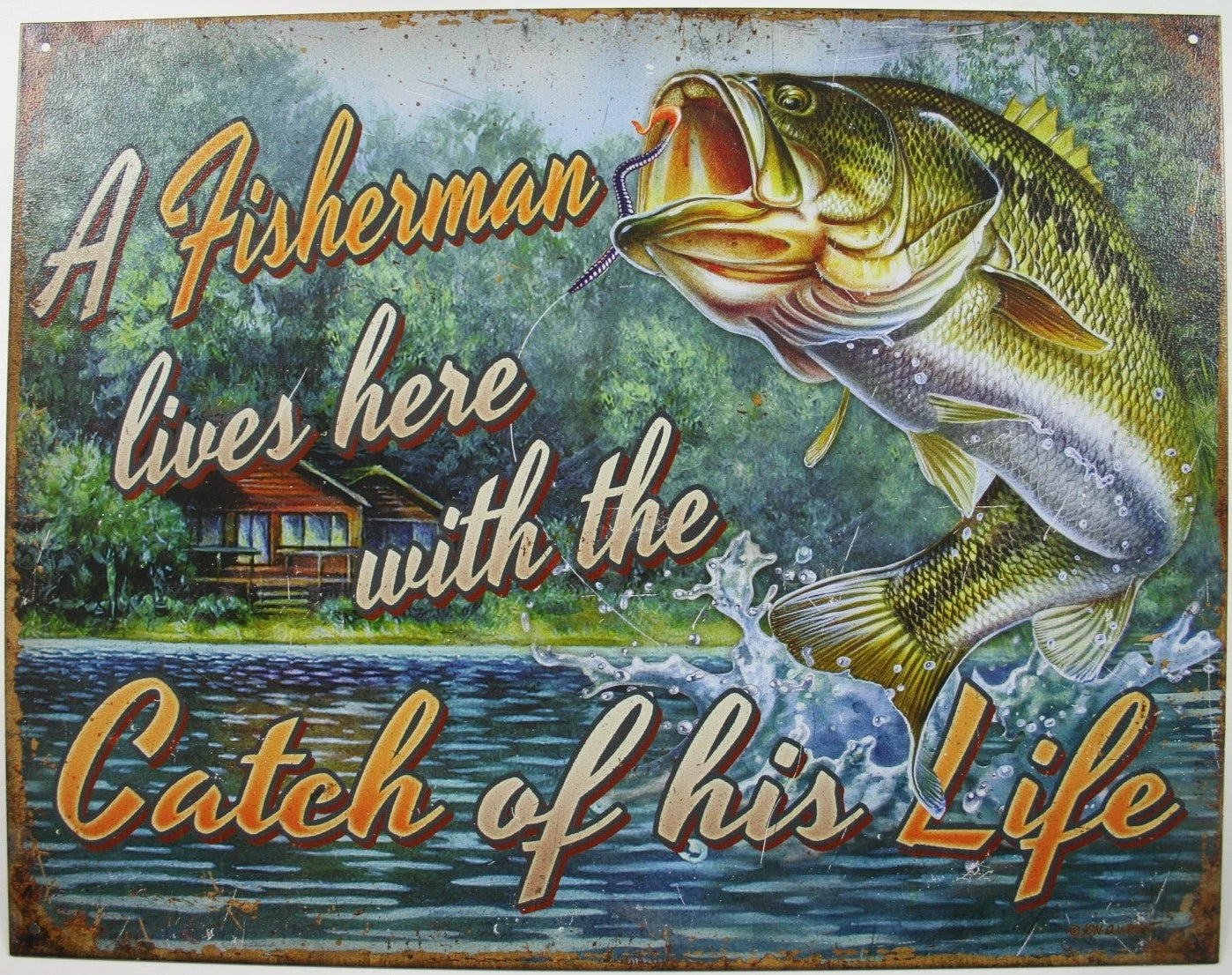 Fisherman Lives Here Tin Metal Sign Bass Fish Lure Rod 2235