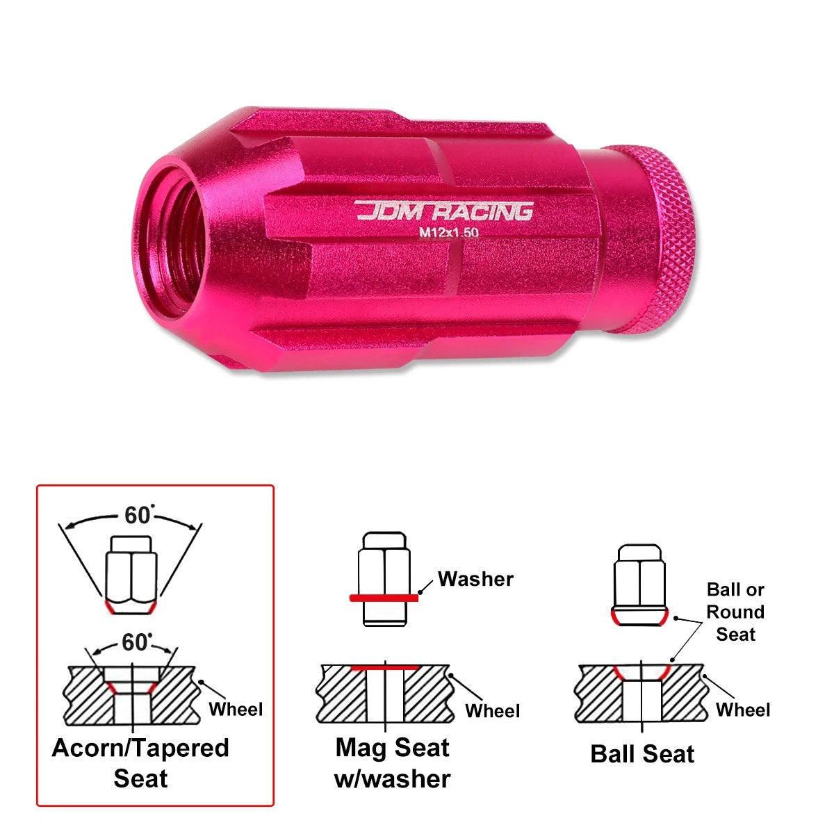 Set of 20 Pink Open-End Aluminum Wheel Lug Nuts M12X1.5 24mm OD 50mm Tall