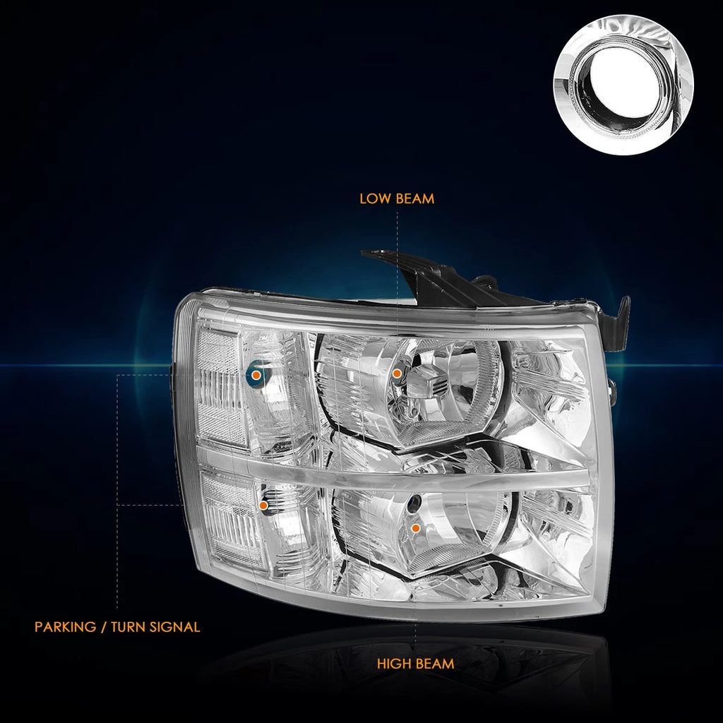 Headlight Replacement for Chevy Silverado (2007–2014) Chrome Housing Clear Corner