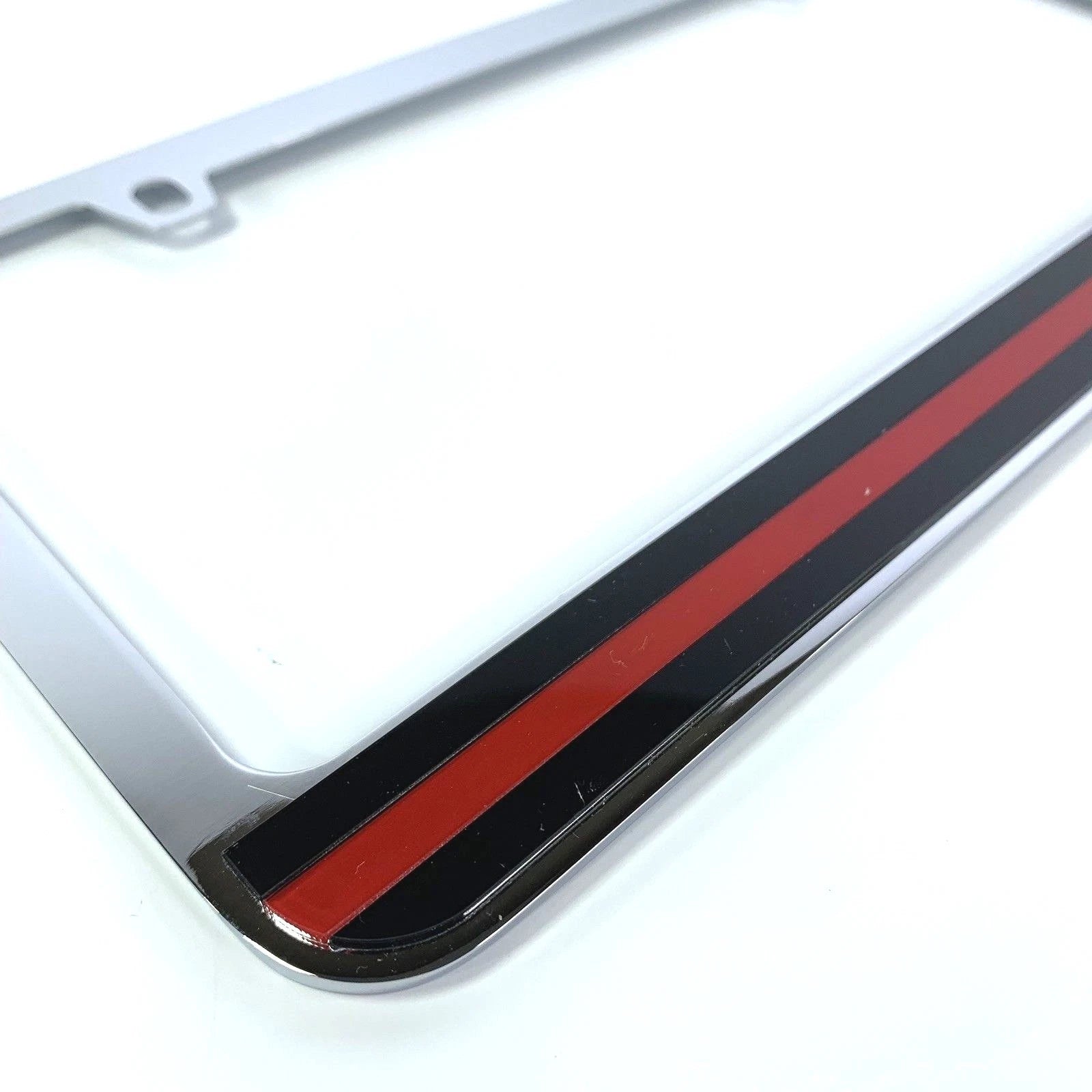 License Plate Frame Thin Red Line Chrome Premium for Made in USA Firefighter