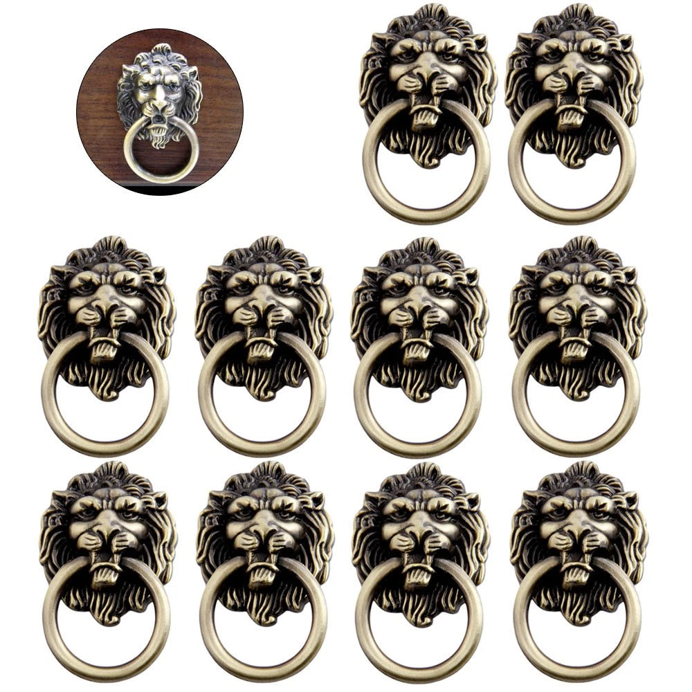 10Pcs Vintage Lion Head Pull Handle Ring Knob for Cabinet Drawer Furniture